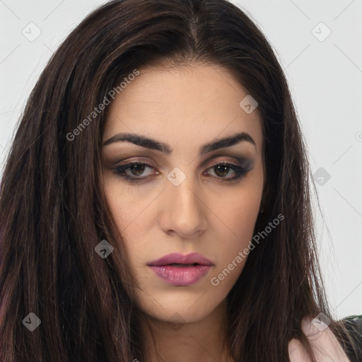 Neutral white young-adult female with long  brown hair and brown eyes