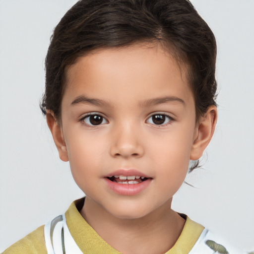 Joyful white child female with short  brown hair and brown eyes