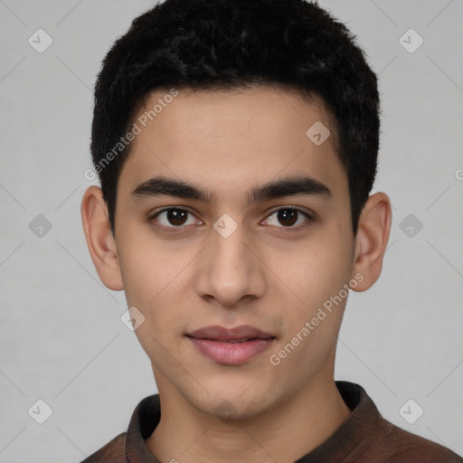 Neutral latino young-adult male with short  brown hair and brown eyes