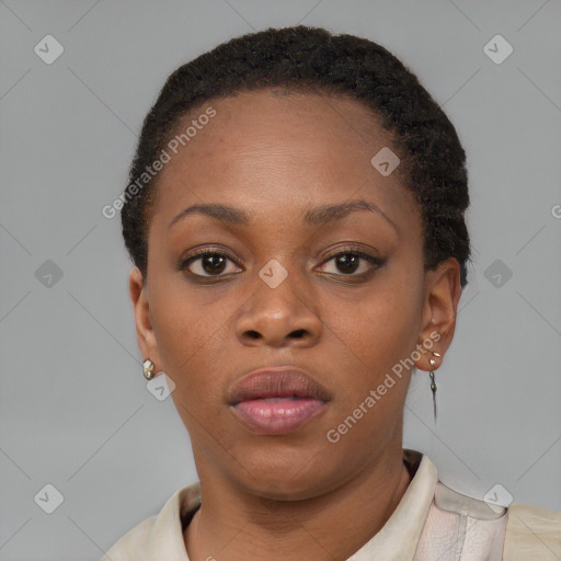 Neutral black young-adult female with short  brown hair and brown eyes