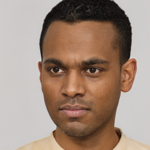 Neutral black young-adult male with short  black hair and brown eyes