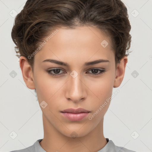 Neutral white young-adult female with short  brown hair and brown eyes