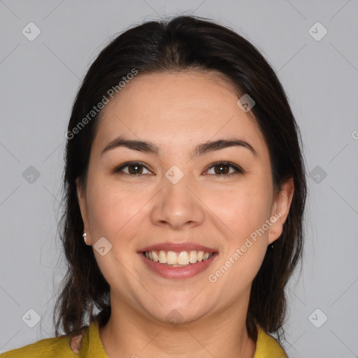 Joyful white young-adult female with medium  brown hair and brown eyes