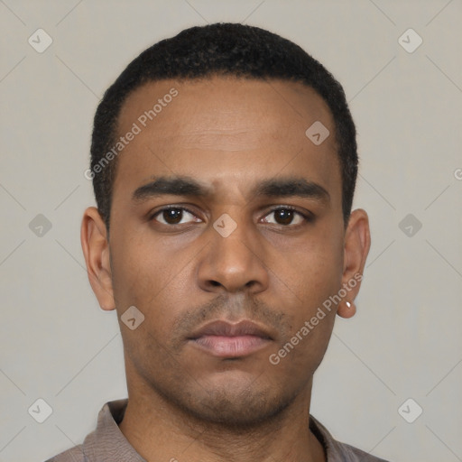 Neutral latino young-adult male with short  black hair and brown eyes