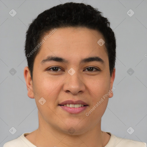 Joyful latino young-adult male with short  brown hair and brown eyes