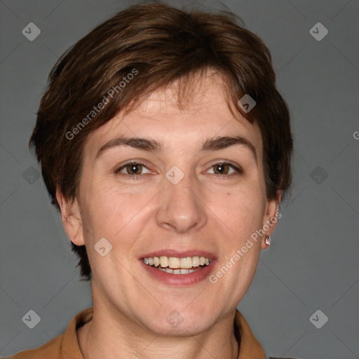 Joyful white adult female with medium  brown hair and brown eyes