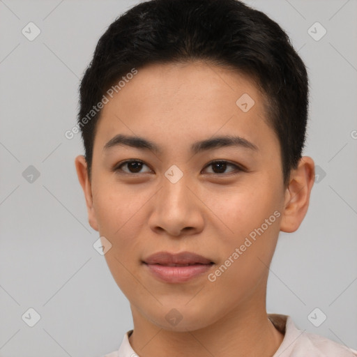 Joyful asian young-adult female with short  brown hair and brown eyes