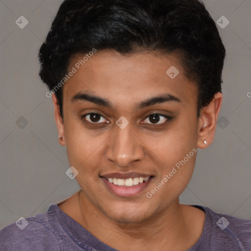 Joyful latino young-adult female with short  brown hair and brown eyes