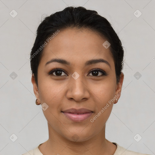 Joyful latino young-adult female with short  brown hair and brown eyes