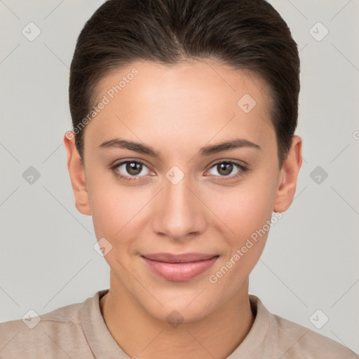 Joyful white young-adult female with short  brown hair and brown eyes