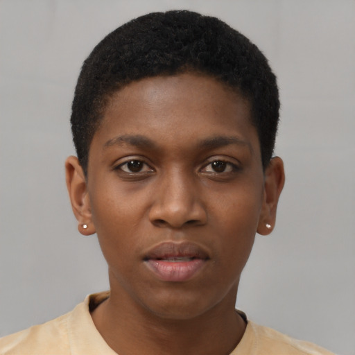 Neutral black young-adult female with short  brown hair and brown eyes