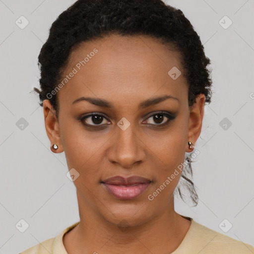 Joyful black young-adult female with short  brown hair and brown eyes