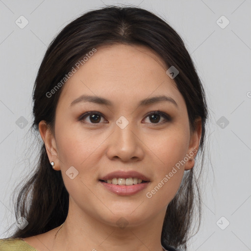 Joyful white young-adult female with medium  brown hair and brown eyes