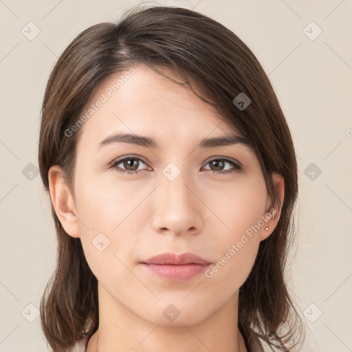 Neutral white young-adult female with medium  brown hair and brown eyes