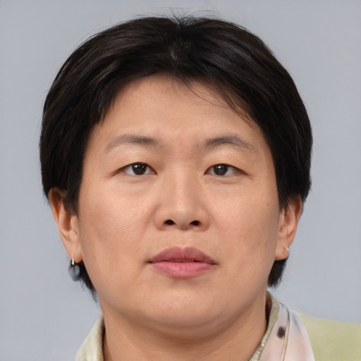 Neutral asian adult female with medium  brown hair and brown eyes