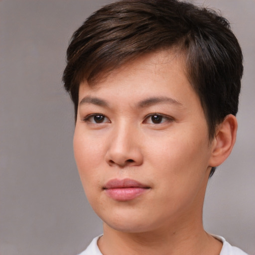 Neutral asian young-adult female with short  brown hair and brown eyes