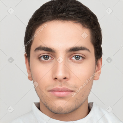 Neutral white young-adult male with short  brown hair and brown eyes