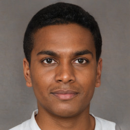 Neutral black young-adult male with short  black hair and brown eyes