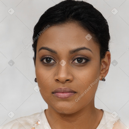 Neutral latino young-adult female with short  black hair and brown eyes