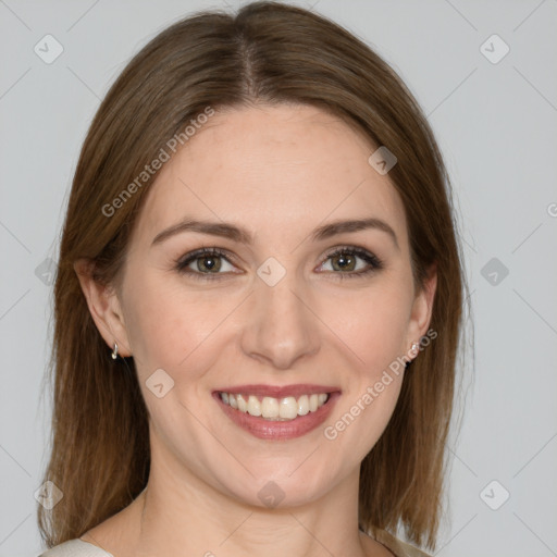 Joyful white young-adult female with medium  brown hair and green eyes