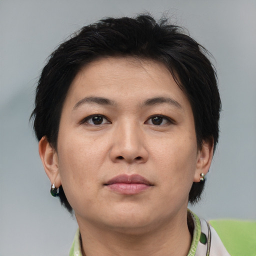 Neutral asian young-adult female with short  brown hair and brown eyes