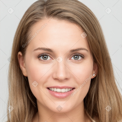 Joyful white young-adult female with long  brown hair and grey eyes