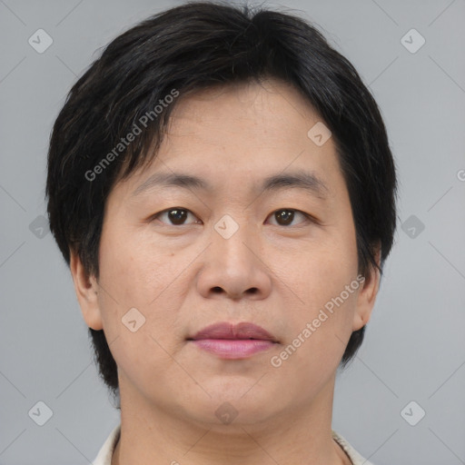 Joyful asian adult male with short  brown hair and brown eyes