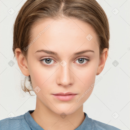 Neutral white young-adult female with medium  brown hair and grey eyes