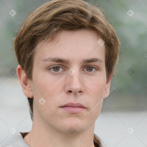 Neutral white young-adult male with short  brown hair and grey eyes