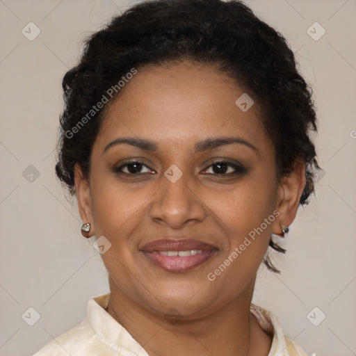 Joyful latino young-adult female with short  brown hair and brown eyes