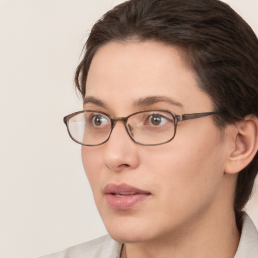 Neutral white young-adult female with medium  brown hair and brown eyes