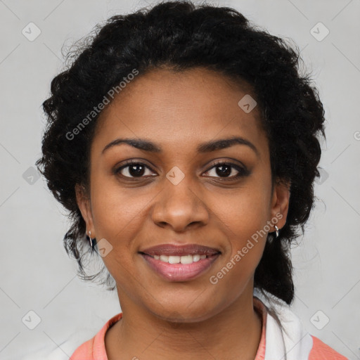 Joyful black young-adult female with medium  black hair and brown eyes