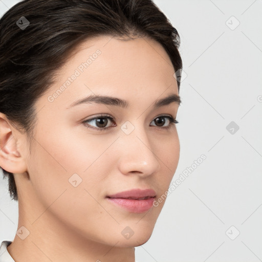 Neutral white young-adult female with medium  brown hair and brown eyes