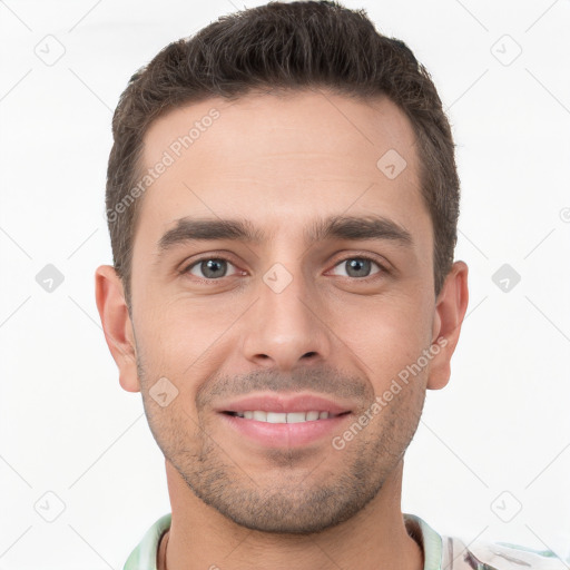 Joyful white young-adult male with short  brown hair and brown eyes