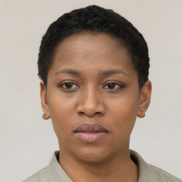 Neutral black young-adult female with short  brown hair and brown eyes