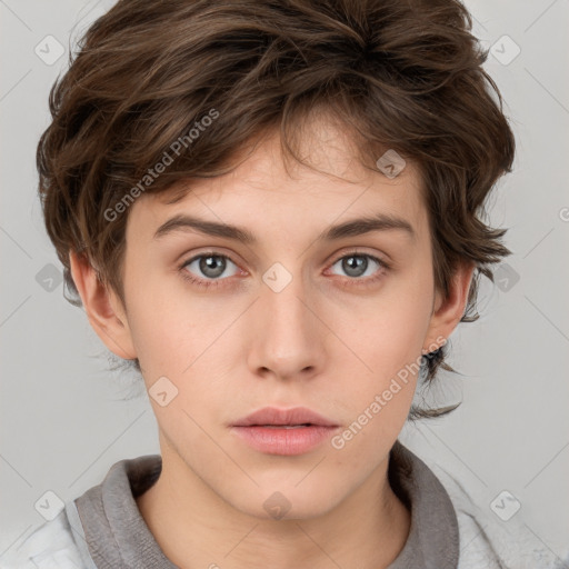 Neutral white young-adult female with medium  brown hair and grey eyes