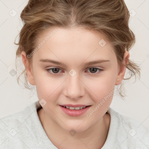 Joyful white child female with medium  brown hair and brown eyes