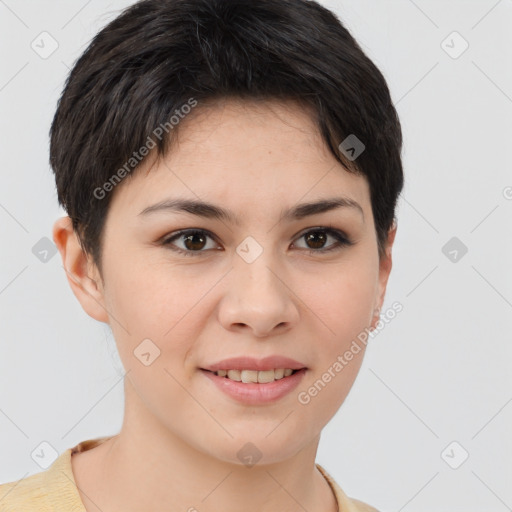 Joyful white young-adult female with short  brown hair and brown eyes