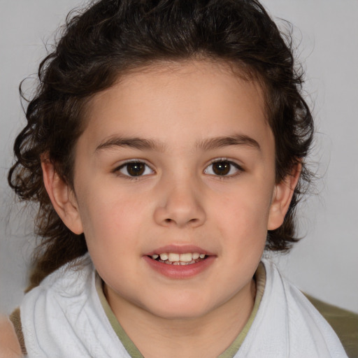 Joyful white child female with medium  brown hair and brown eyes