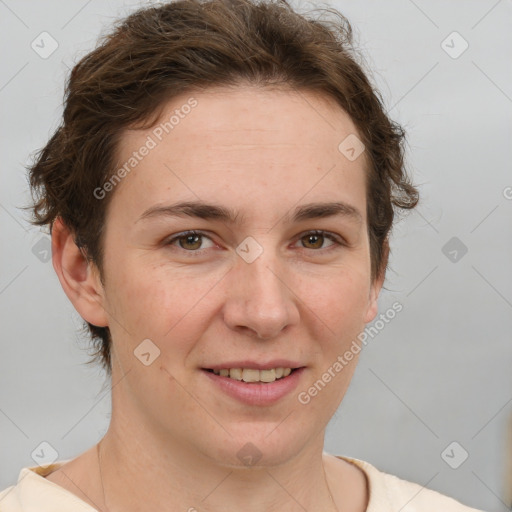 Joyful white adult female with short  brown hair and brown eyes