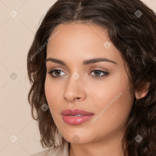 Neutral white young-adult female with long  brown hair and brown eyes