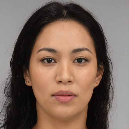 Neutral asian young-adult female with long  brown hair and brown eyes