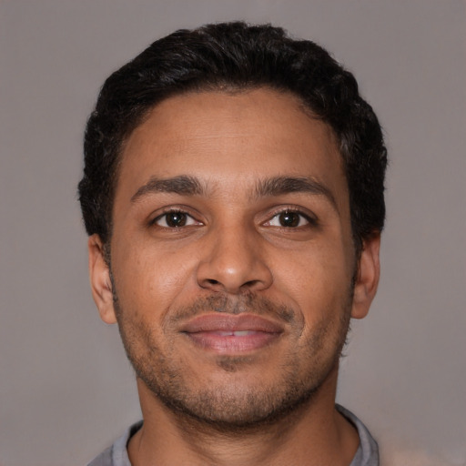 Neutral latino young-adult male with short  brown hair and brown eyes
