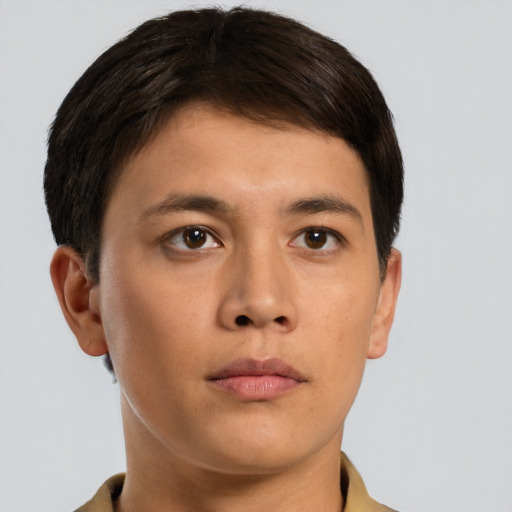 Neutral asian young-adult male with short  brown hair and brown eyes
