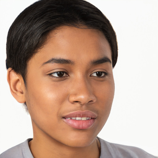 Joyful latino young-adult female with short  brown hair and brown eyes