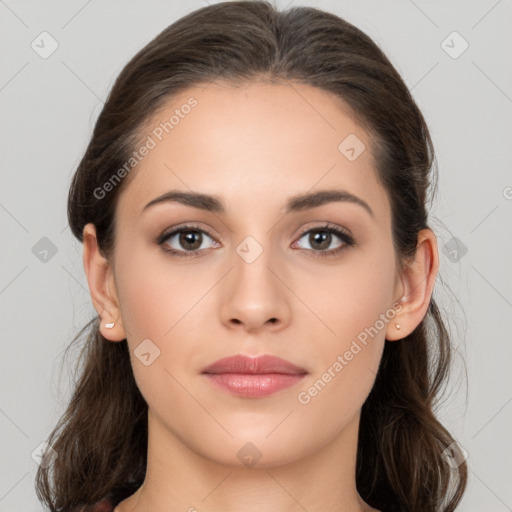 Neutral white young-adult female with medium  brown hair and brown eyes