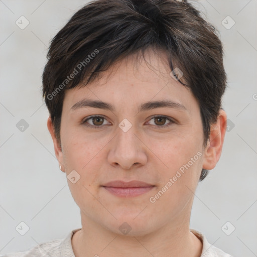 Joyful white young-adult female with short  brown hair and brown eyes