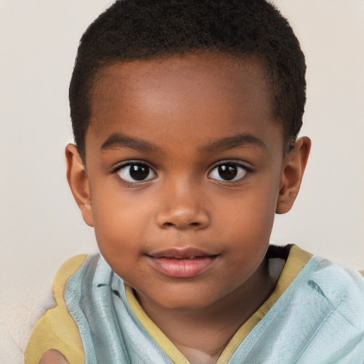 Joyful black child female with short  brown hair and brown eyes