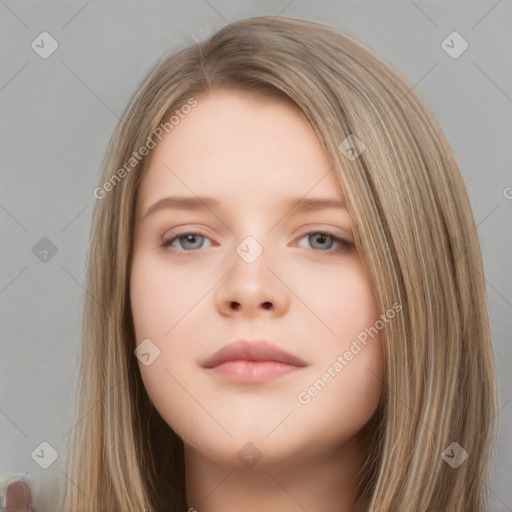 Neutral white young-adult female with long  brown hair and grey eyes