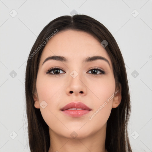 Neutral white young-adult female with long  brown hair and brown eyes